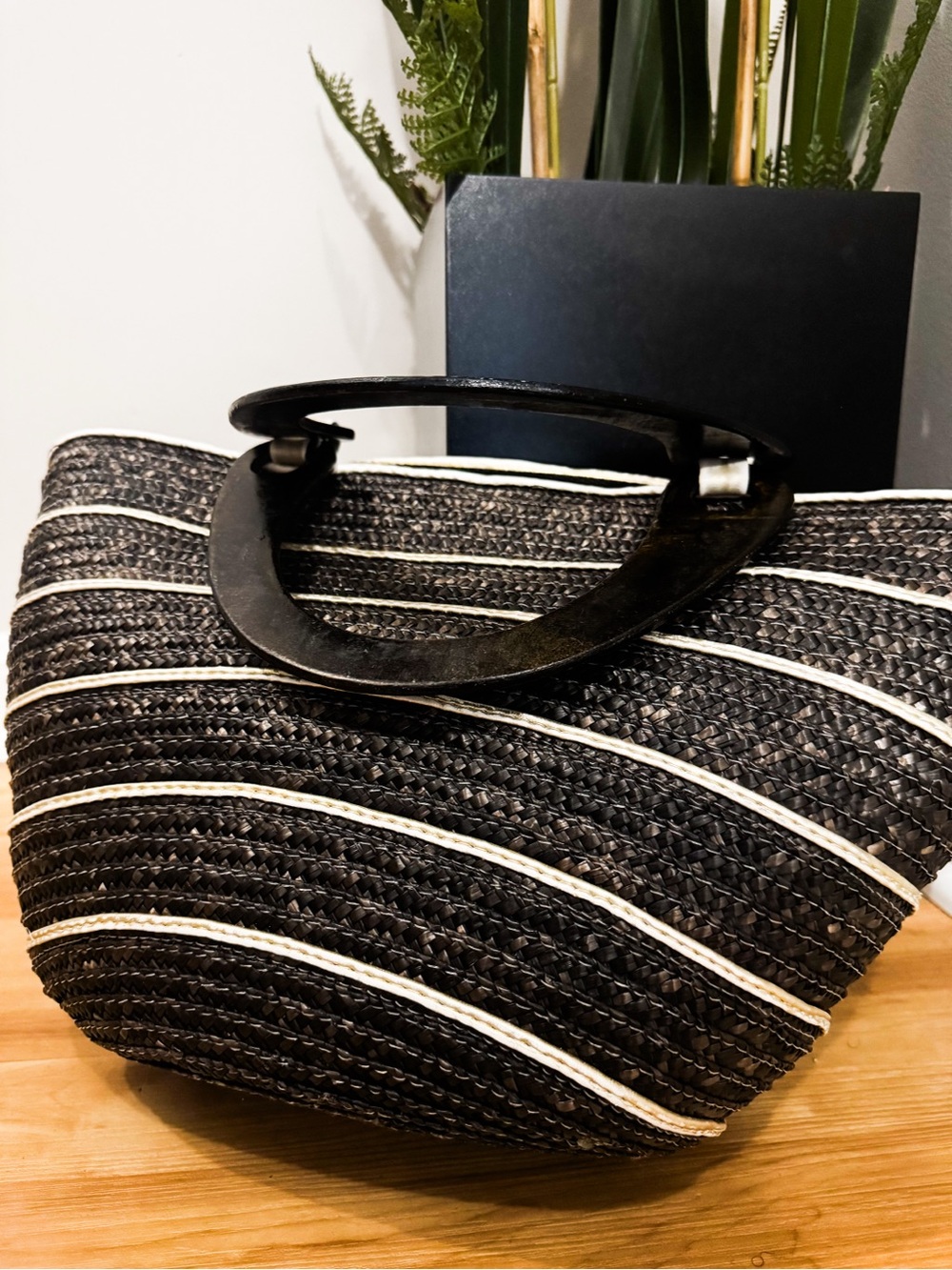 Black & White Woven Straw Tote Bag with Top Handles